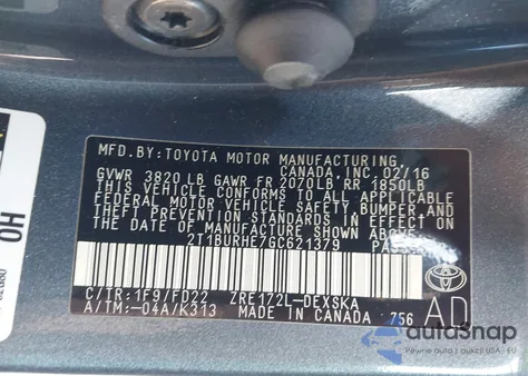 2016 Toyota Corolla S Plus from USA, damaged, VIN 2T1BURHE7GC621379